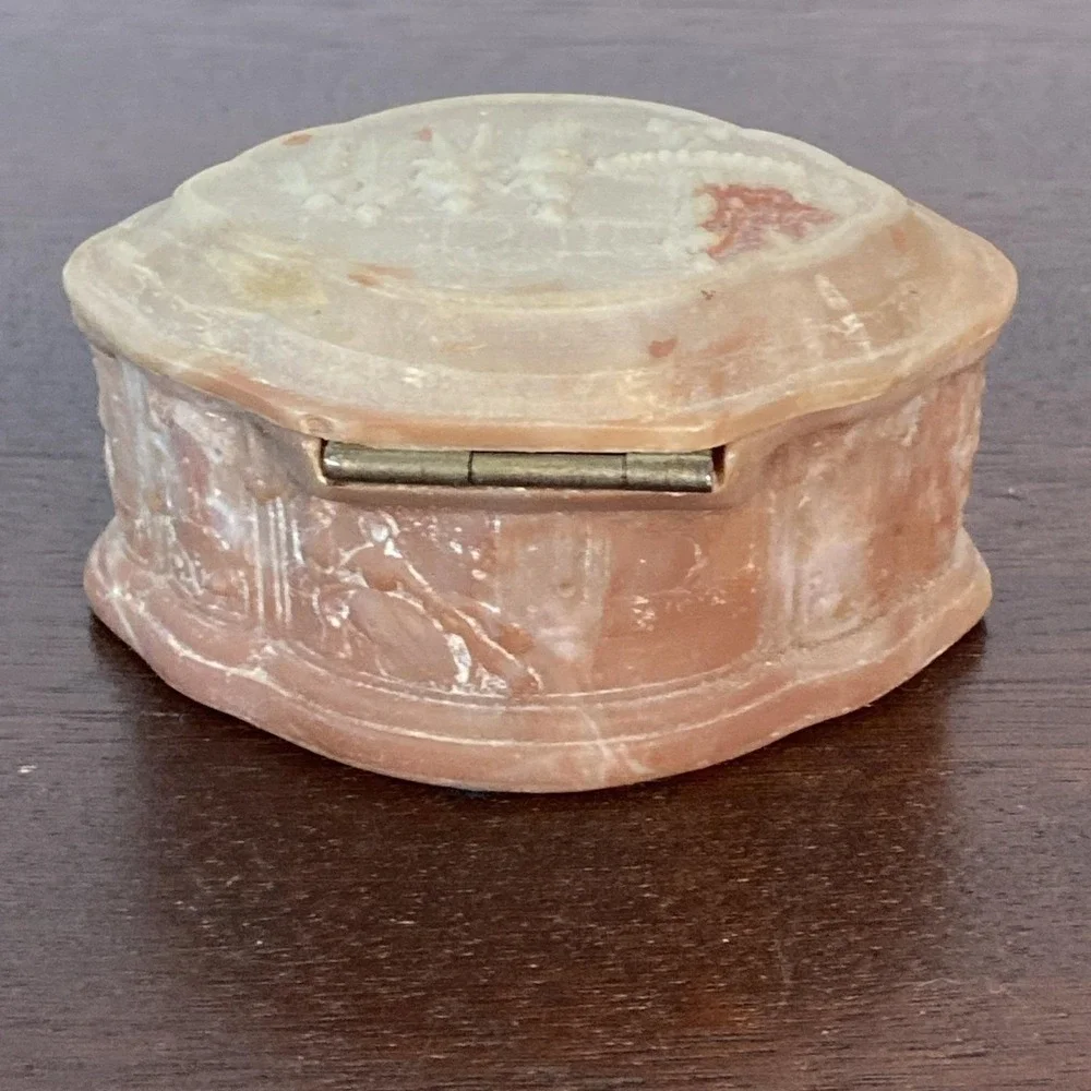 Vintage Genuine Incolay Stone Jewelry Trinket Box Victorian Inspired Scenes USA